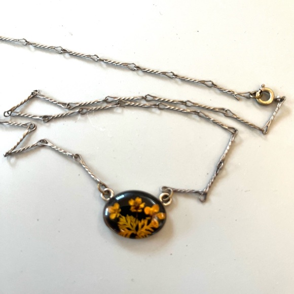 Pressed Flower Necklace, 17 Inch, Delicate Silver Chain, Vintage 1950's - Picture 4 of 8